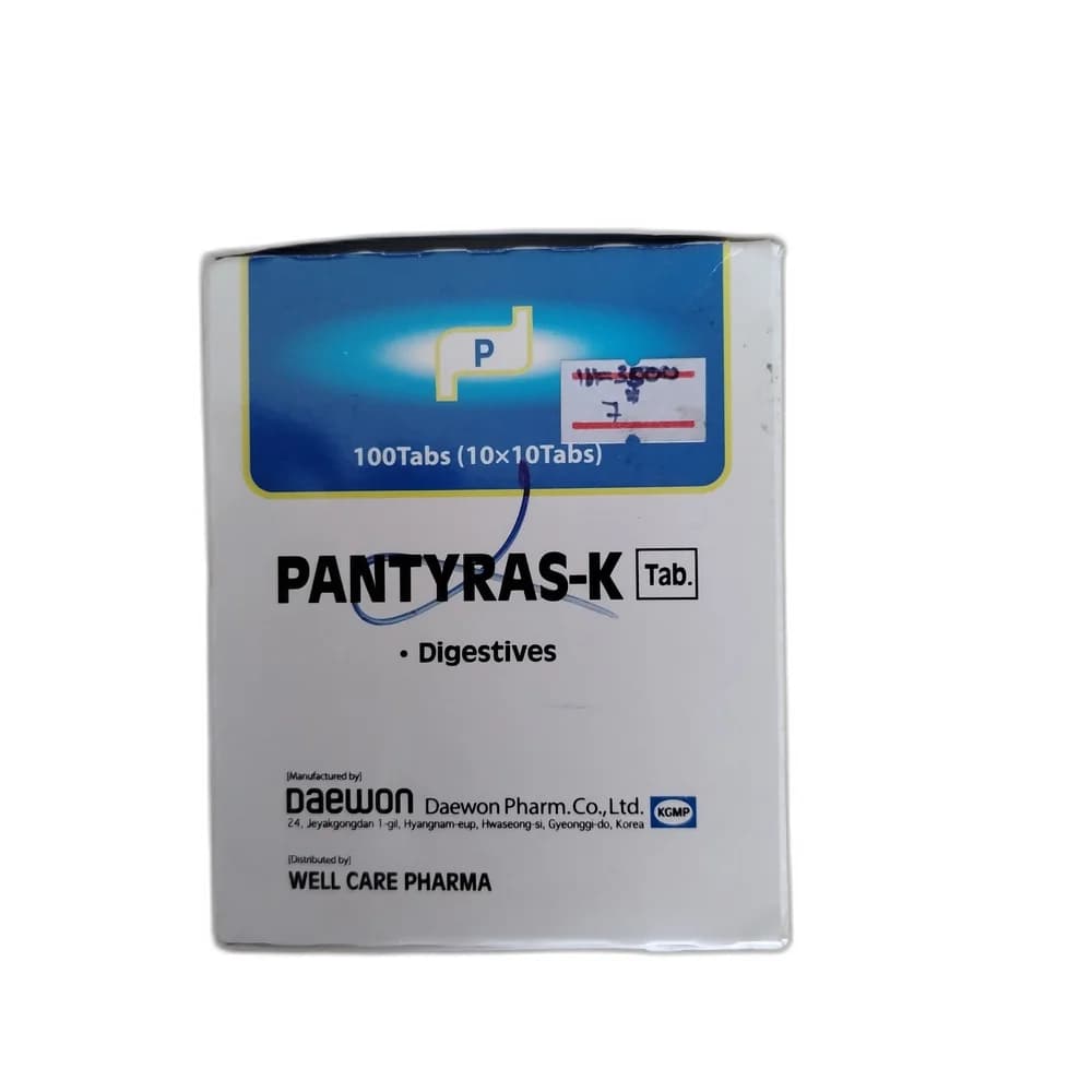 Pantyras-K Pancreatin 175 mg (Amylase 4,200 FIP / Lipase 5,367 FIP / Protease 222 FIP), Ox-bile extract 25 mg, Dimethicone 25 mg, Hemicellulase 50 mg per tablet