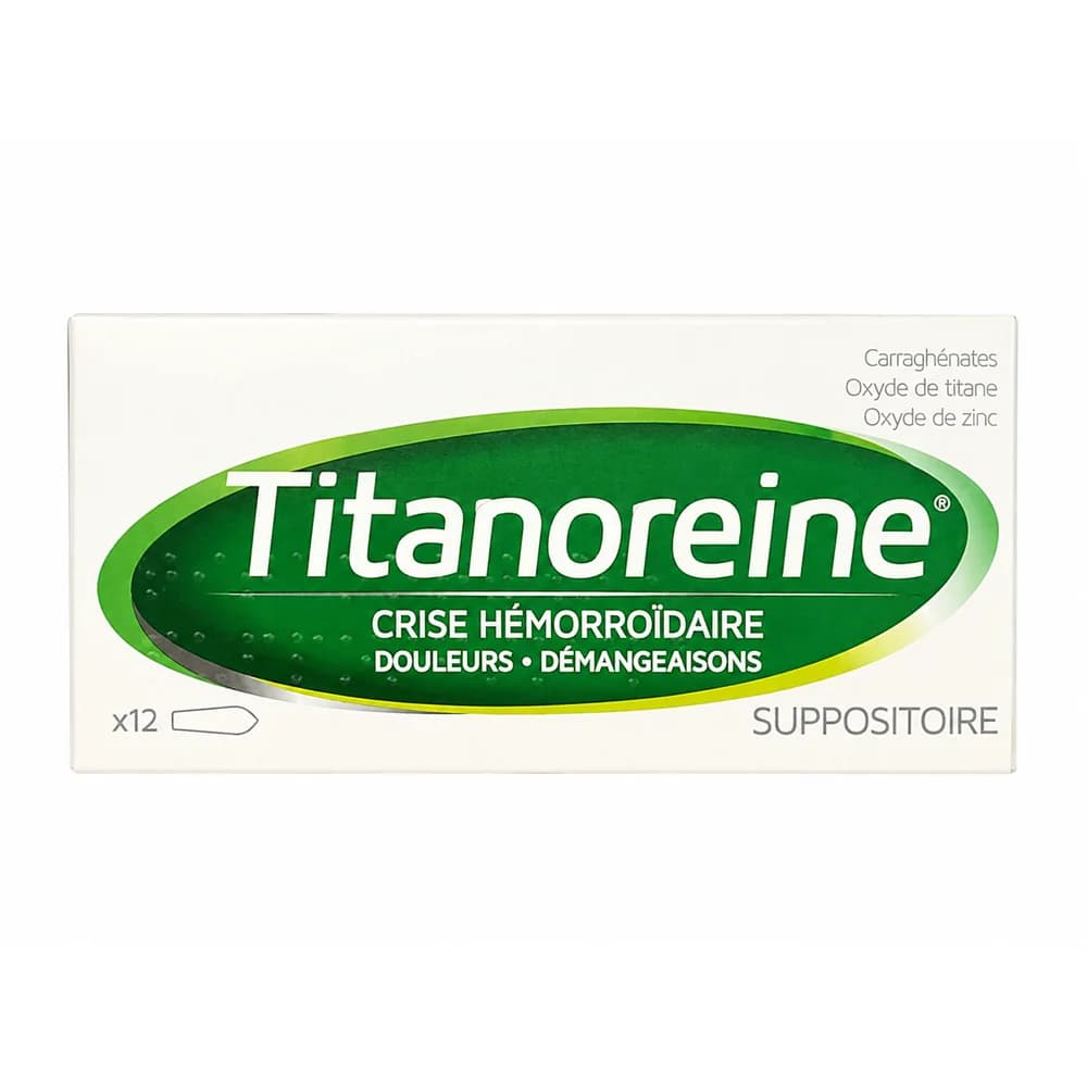 Titanoreine Carrageenan 300 mg, titanium dioxide 200 mg, and zinc oxide 400 mg per suppository, 12 suppositories