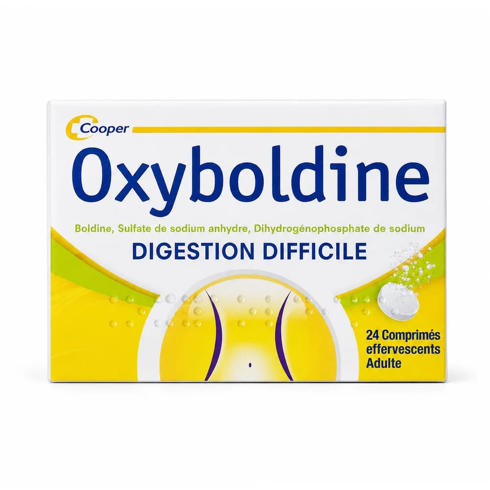 Oxyboldine Boldine 0.5 mg, anhydrous sodium sulfate 54 mg, and sodium dihydrogen phosphate 132 mg effervescent tablets, 2 tubes of 12 tablets