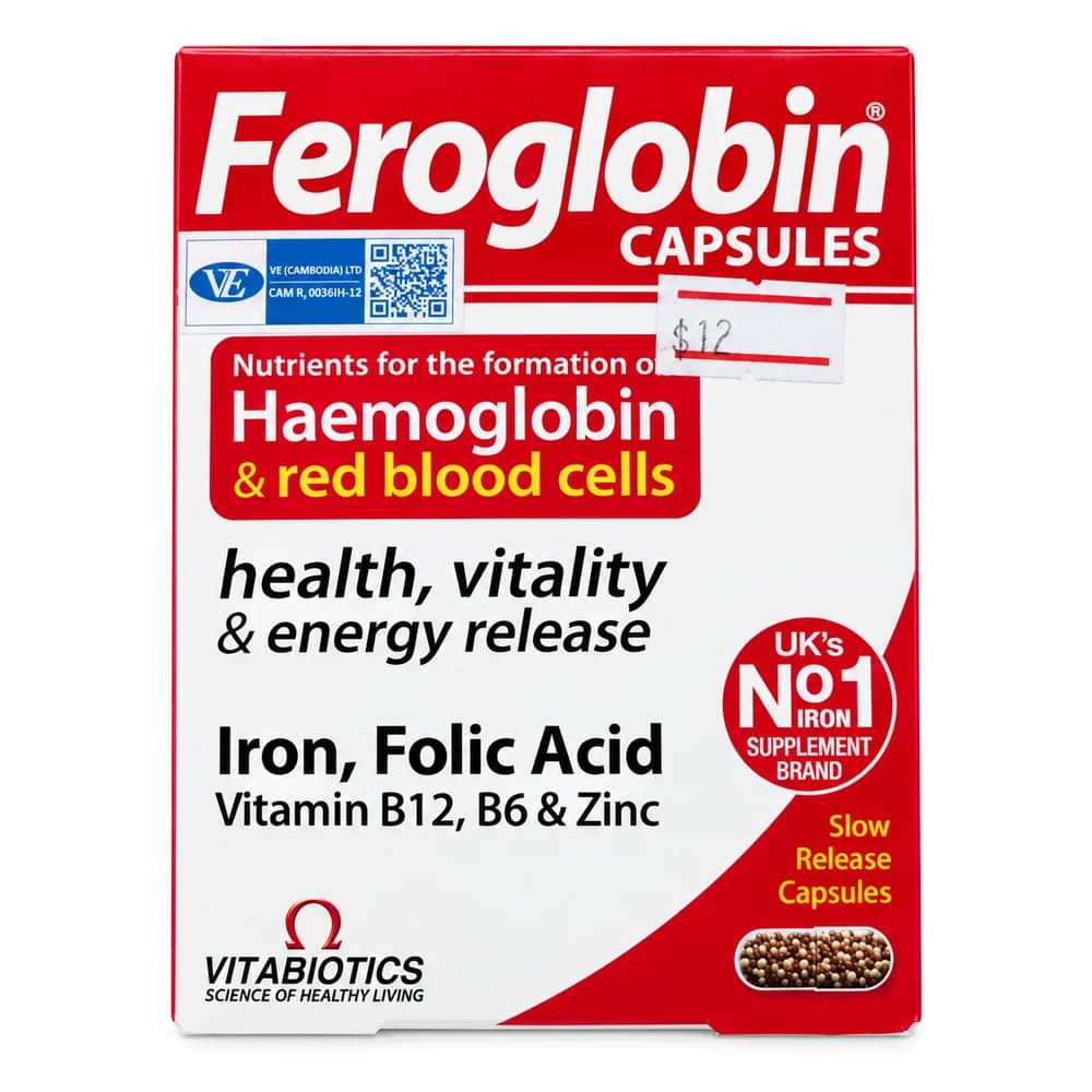 Feroglobin Slow-release capsule; iron 24 mg, zinc 12 mg, copper 2000 µg, folic acid 500 µg, vitamin B12 10 µg, and vitamin B6 5 mg per capsule (package label)