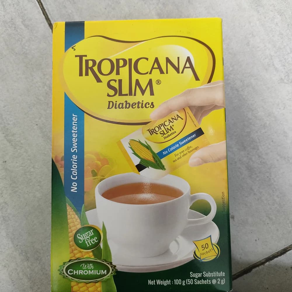 Tropicana Slim Diabetics 1 sachet = 2 g (equivalent to 10 g sugar in sweetness). Chromium Picolinate 15 mcg per serving.