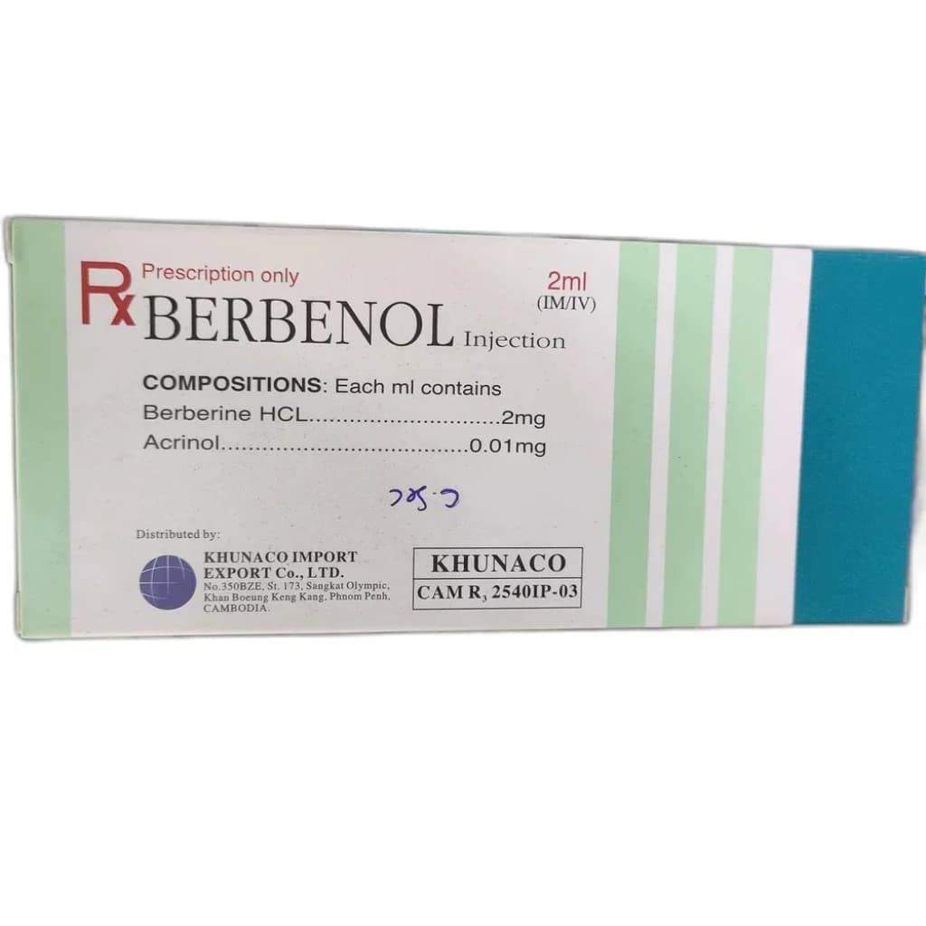 Berbenol 2ml per ampoule; each ml contains Berberine HCL 2mg + Acrinol 0.01mg