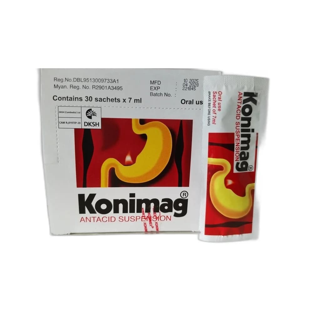 Konimag 7 mL sachet: magnesium trisilicate 300 mg, aluminium hydroxide 300 mg, simethicone 50 mg