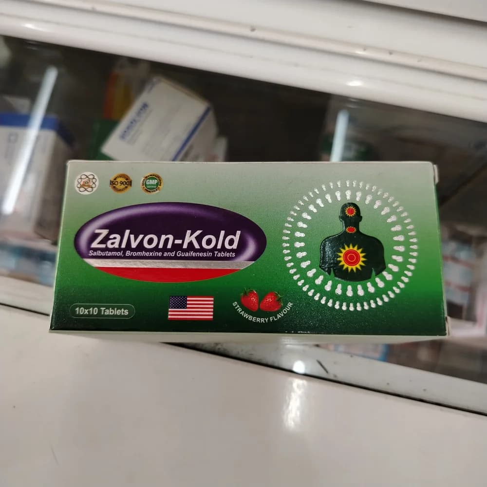 Zalvon-Kold Per tablet: salbutamol 2 mg, bromhexine hydrochloride 8 mg, and guaifenesin 10 mg
