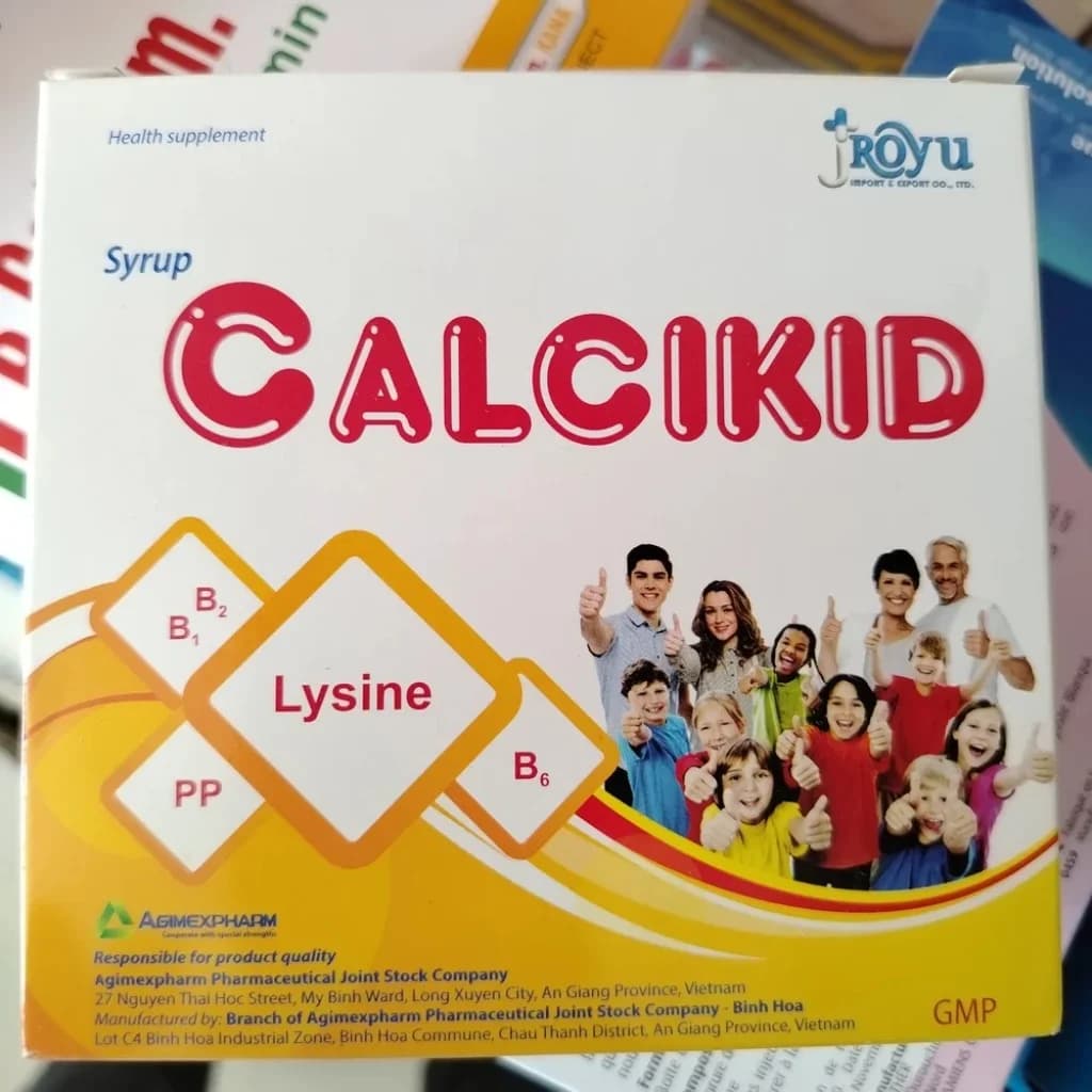 Calcikid L-Lysine hydrochloride 150 mg, Vitamin PP 10 mg, D-Calcium pantothenate 5 mg, Vitamin B1 3 mg, Vitamin B2 1.67 mg, Vitamin B6 1.5 mg per 7.5 ml ampoule