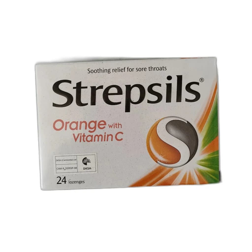 Strepsils Orange with Vitamin C Dichlorophenylcarbinol 1.2 mg / Amylmetacresol 0.6 mg / Vitamin C 100 mg per lozenge
