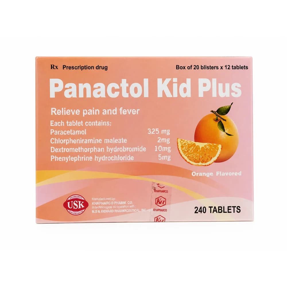 Panactol Kid Plus Paracetamol 325 mg + chlorpheniramine maleate 2 mg + dextromethorphan hydrobromide 10 mg + phenylephrine hydrochloride 5 mg per tablet