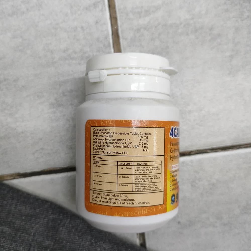 4Carecold-A Kid Per uncoated dispersible tablet: Paracetamol BP 325 mg, Ambroxol hydrochloride BP 15 mg, Cetirizine hydrochloride USP 2.5 mg, Phenylephrine hydrochloride USP 5 mg