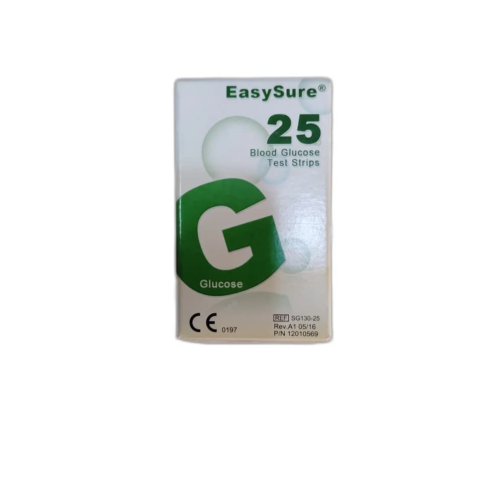 EasySure REF SG130-25; box of 25 blood glucose test strips; for in vitro diagnostic use only, suitable for self-testing blood glucose level in fresh capillary whole blood with the EasySure Meter