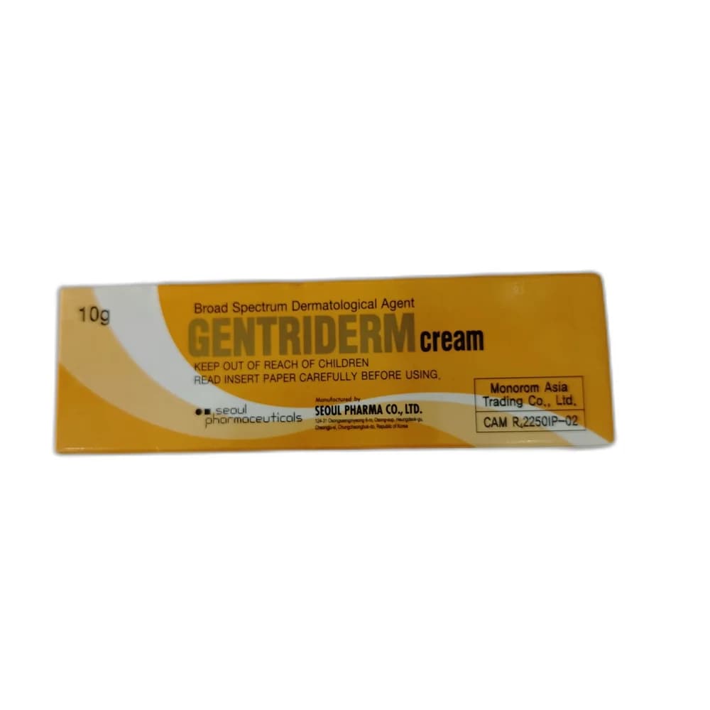 Gentriderm Cream 10 g tube; each gram contains Betamethasone dipropionate 0.64 mg, Clotrimazole 10 mg, Gentamicin sulfate 1 mg