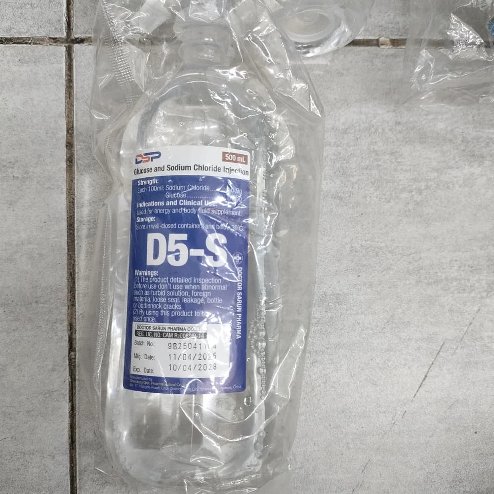 Glucose and Sodium Chloride Injection (D5-S) 500ml Glucose 5% with Sodium Chloride 0.9%, 500 ml bottle