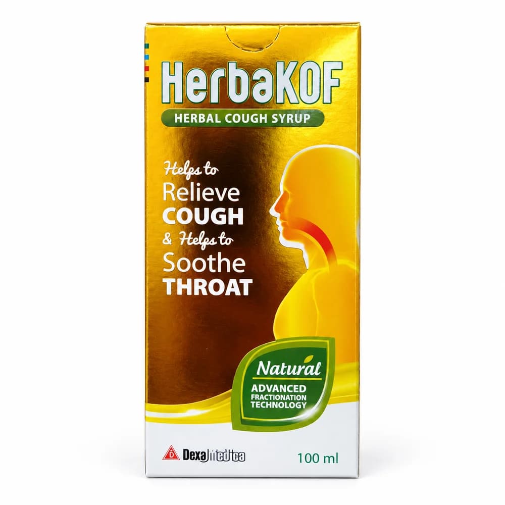 HerbaKOF Per 15 mL: Reconyl herbal fraction equivalent to Vitex trifolia folium 1 g, Zingiber officinale rhizoma 0.25 g, Abrus precatorius folium 0.25 g, and Phaleria macrocarpa pericarpium 0.20 g