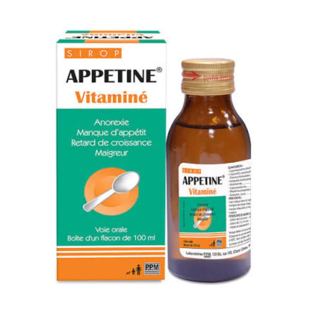 Appetine Vitaminé Cyproheptadine hydrochloride 2 mg, L-lysine 150 mg, thiamine 5 mg, pyridoxine 5 mg, nicotinamide 10 mg, cyanocobalamin 1.5 µg, riboflavin 1 mg per 5 mL syrup