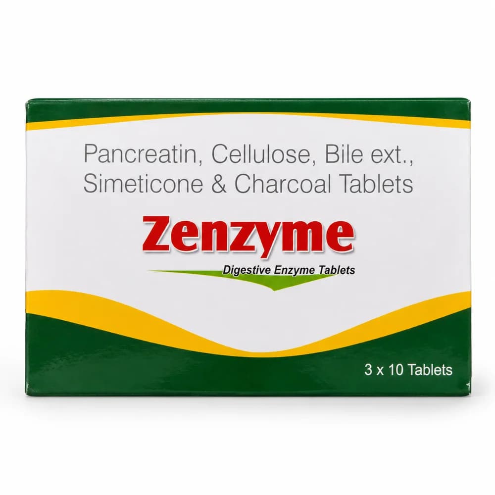 Zenzyme Pancreatin 175 mg / powdered cellulose 50 mg / cholic acid 25 mg / simeticone 50 mg / activated charcoal 50 mg per tablet