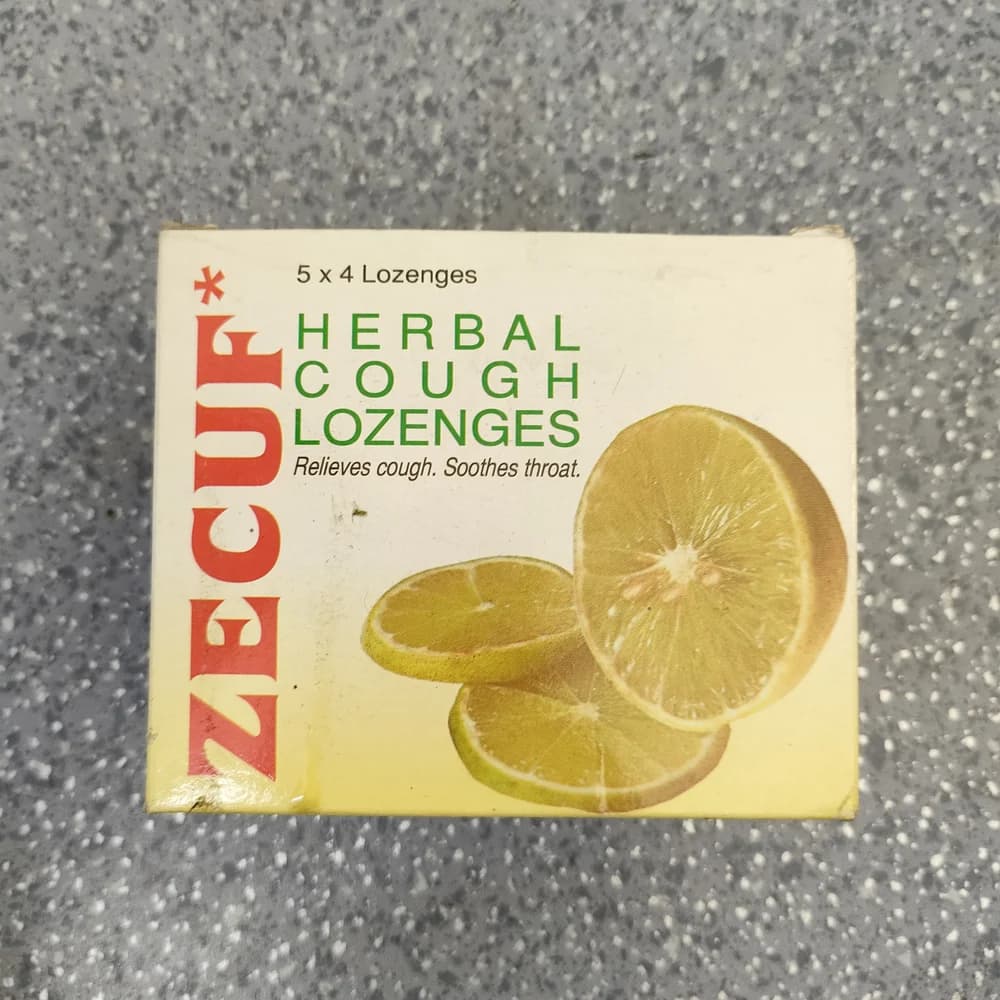 Zecuf Herbal Cough Lozenges (Lemon) Per lozenge: Glycyrrhiza glabra 15 mg, Zingiber officinale 10 mg, Emblica officinalis 10 mg, Menthol 7 mg