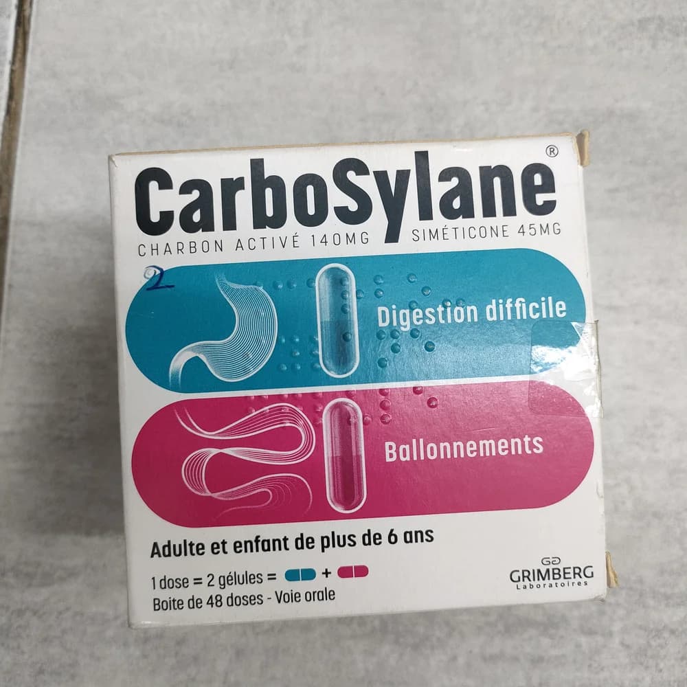 CarboSylane Activated charcoal 140 mg / Simethicone 45 mg per capsule (1 dose = 2 capsules)
