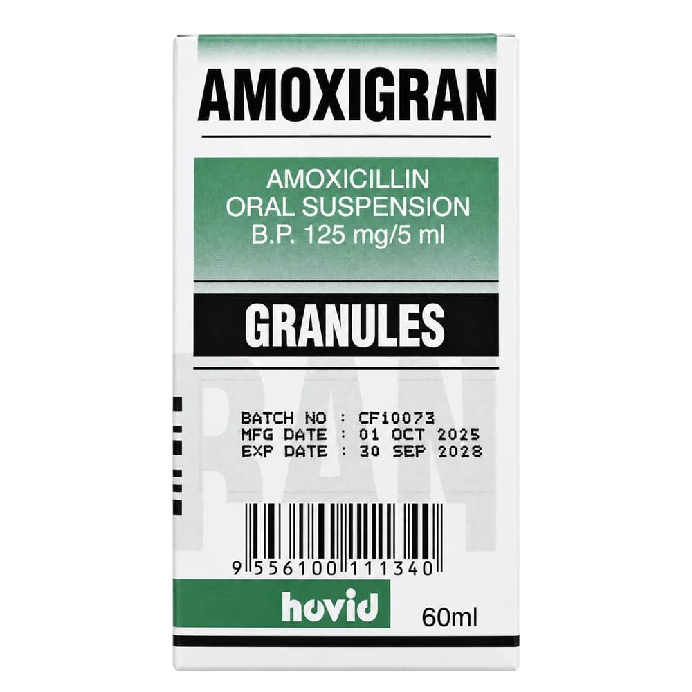 Amoxigran 125 mg/5 ml (Amoxicillin Oral Suspension B.P.) Amoxicillin 125 mg per 5 mL; 60 mL after reconstitution