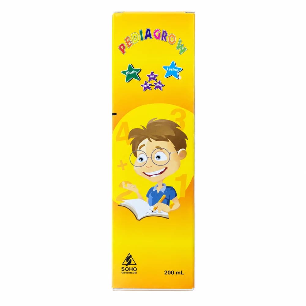 Pediagrow Per 15 mL: amino acids 15 mg; DHA 10 mg; EPA 2 mg; L-glutamic acid 50 mg; folic acid 100 mcg; biotin 0.2 mg; L-lysine HCl 50 mg; vitamins B1, B2, B6, B12, A and D