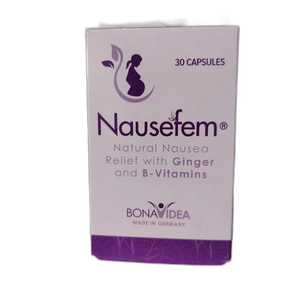 Nausefem Ginger Root 1000 mg / Lime Juice Powder 30 mg / Vitamin B1 4.5 mg / Vitamin B6 25 mg / Vitamin B12 9 mcg / Vitamin D3 7.5 mcg per 3 capsules