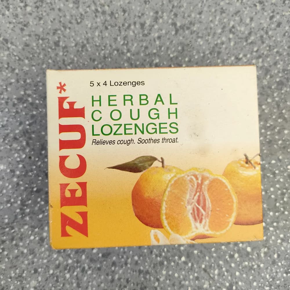 Zecuf Herbal Cough Lozenges (Orange) Per lozenge: Glycyrrhiza glabra 15 mg, Zingiber officinale 10 mg, Emblica officinalis 10 mg, Menthol 7 mg