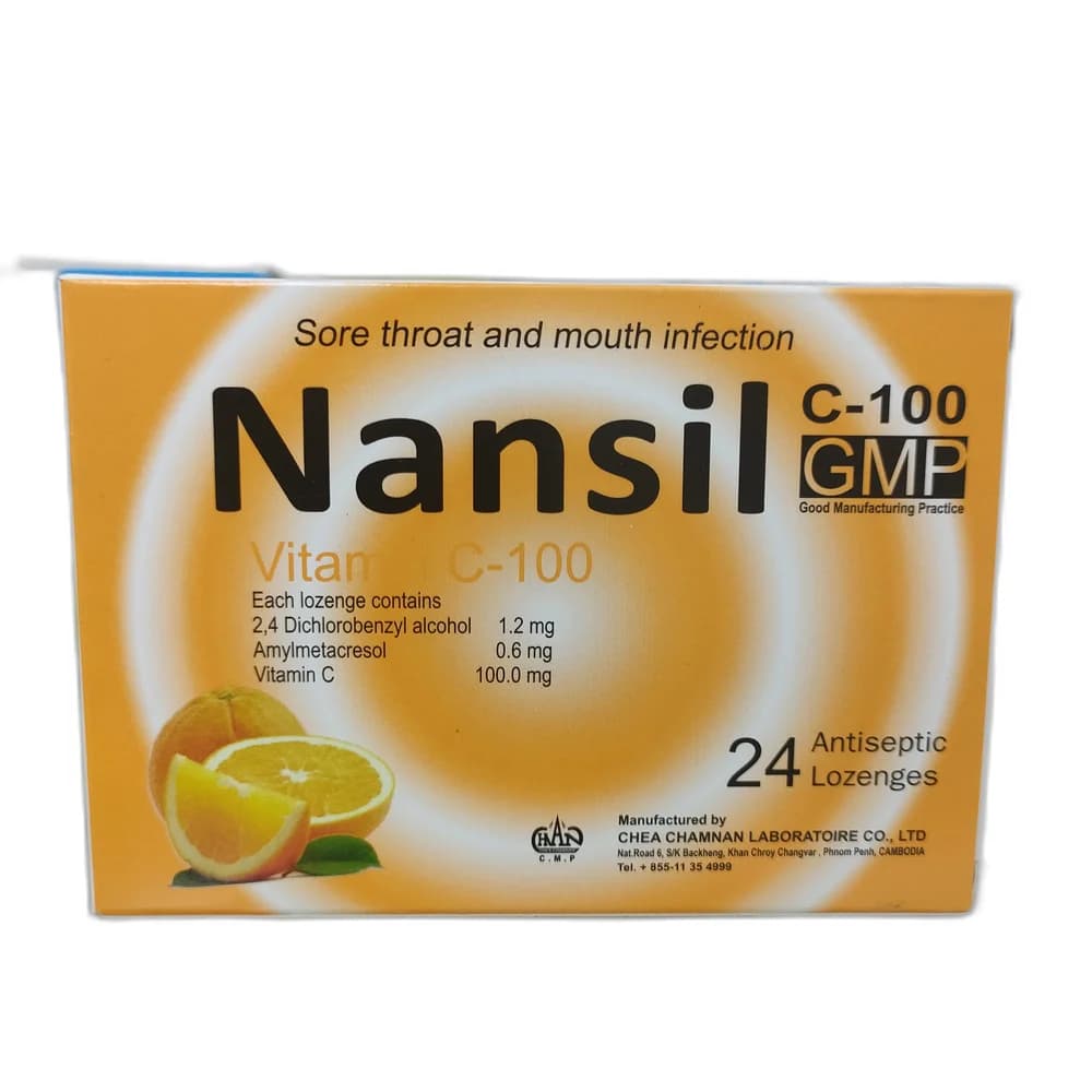 Nansil 2,4-Dichlorobenzyl alcohol 1.2 mg / Amylmetacresol 0.6 mg / Vitamin C 100 mg per lozenge
