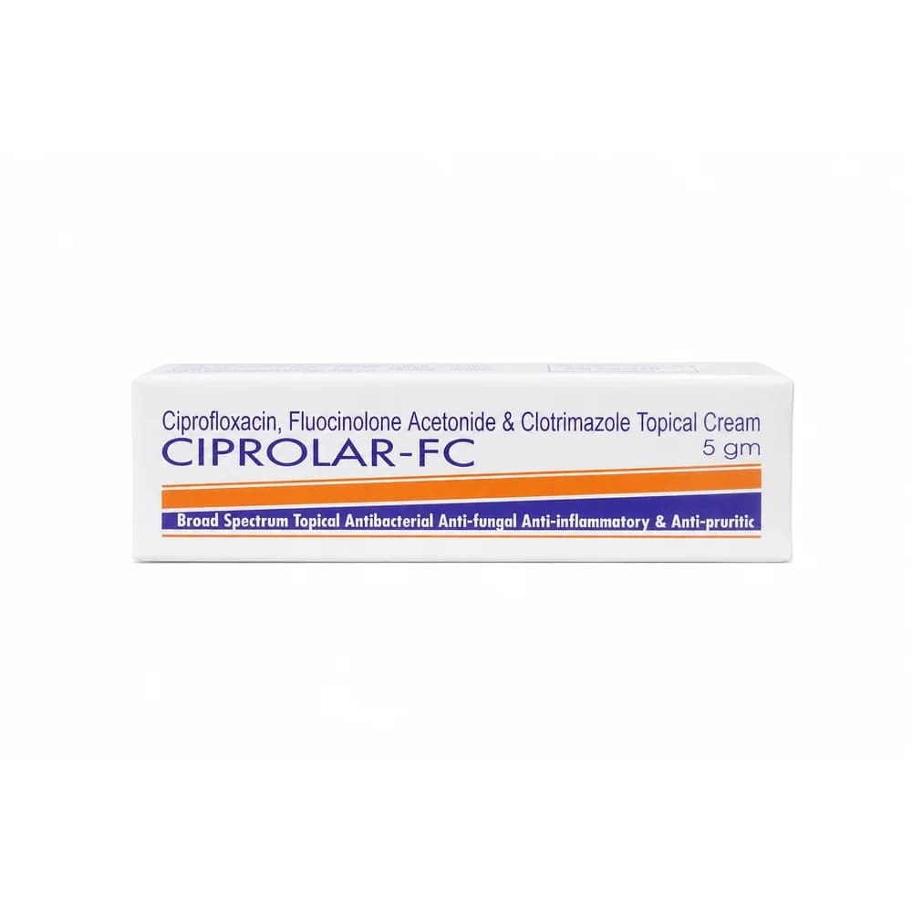 Ciprolar-FC Ciprofloxacin hydrochloride equivalent to ciprofloxacin 0.5% w/w, fluocinolone acetonide 0.025% w/w and clotrimazole 1% w/w