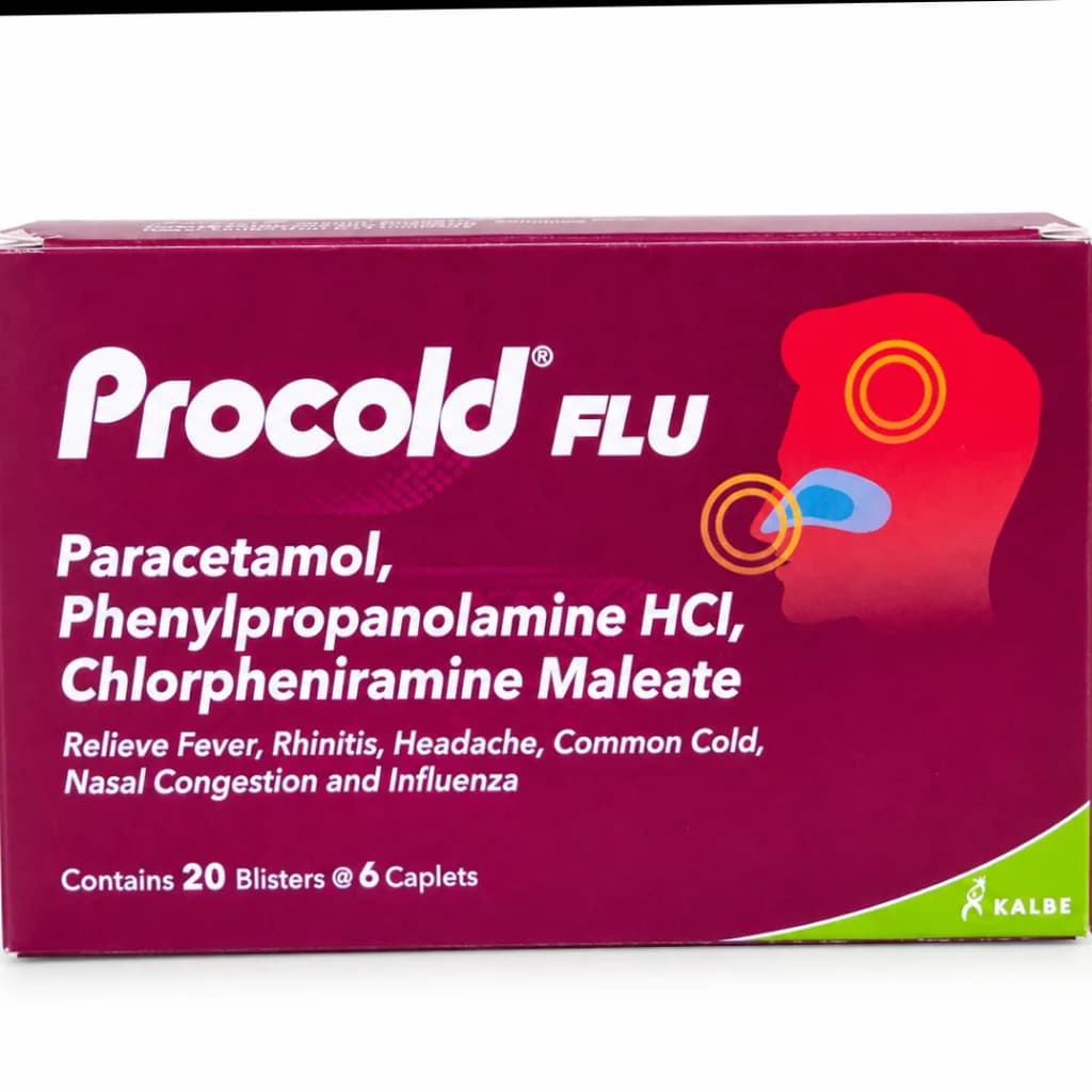 Procold Flu 6 caplets Paracetamol 500 mg / phenylpropanolamine 25 mg / chlorpheniramine 2 mg
