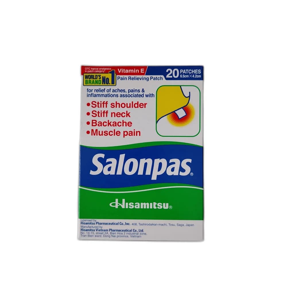 Salonpas Methyl salicylate 6.3% / l-Menthol 5.7% / dl-Camphor 1.2% / Tocopherol acetate (Vitamin E) 2.0%
