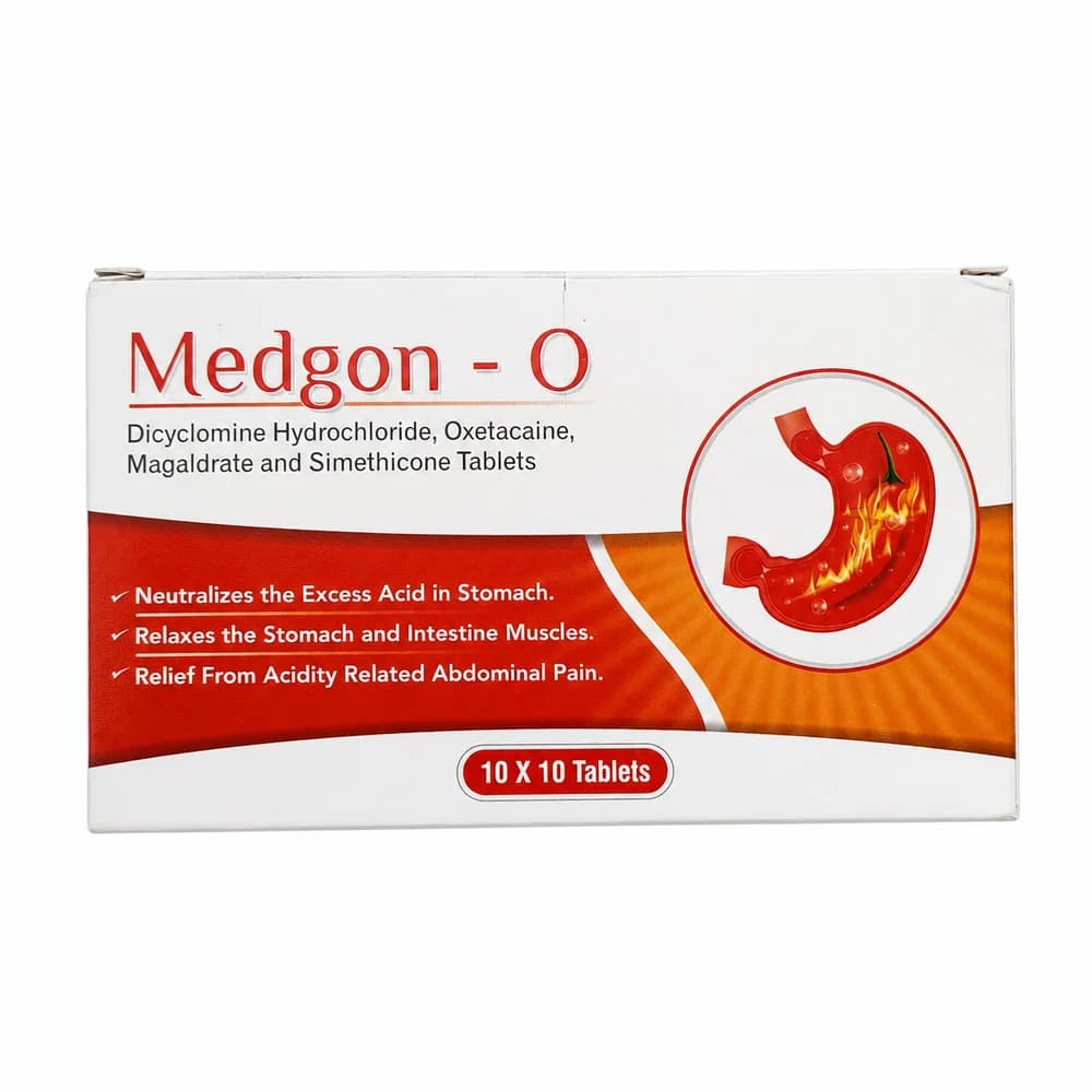 Medgon-O Dicyclomine hydrochloride 10 mg / Oxetacaine 10 mg / Magaldrate 400 mg / Simethicone 25 mg tablet