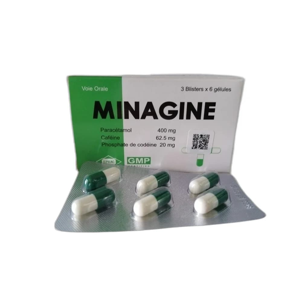 Minagine Paracetamol 400 mg + caffeine 62.5 mg + codeine phosphate 20 mg per capsule