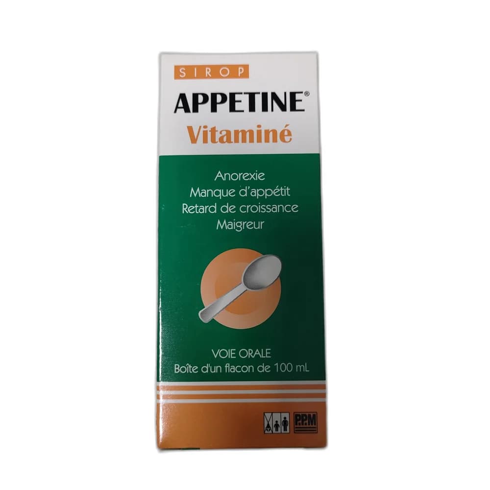 Appetine Cyproheptadine HCl 2 mg + L-Lysine HCl 150 mg + Thiamine HCl 5 mg + Pyridoxine HCl 5 mg + Nicotinamide 10 mg + Cyanocobalamin 1.5 µg + Riboflavin sodium phosphate 1 mg per 5 ml