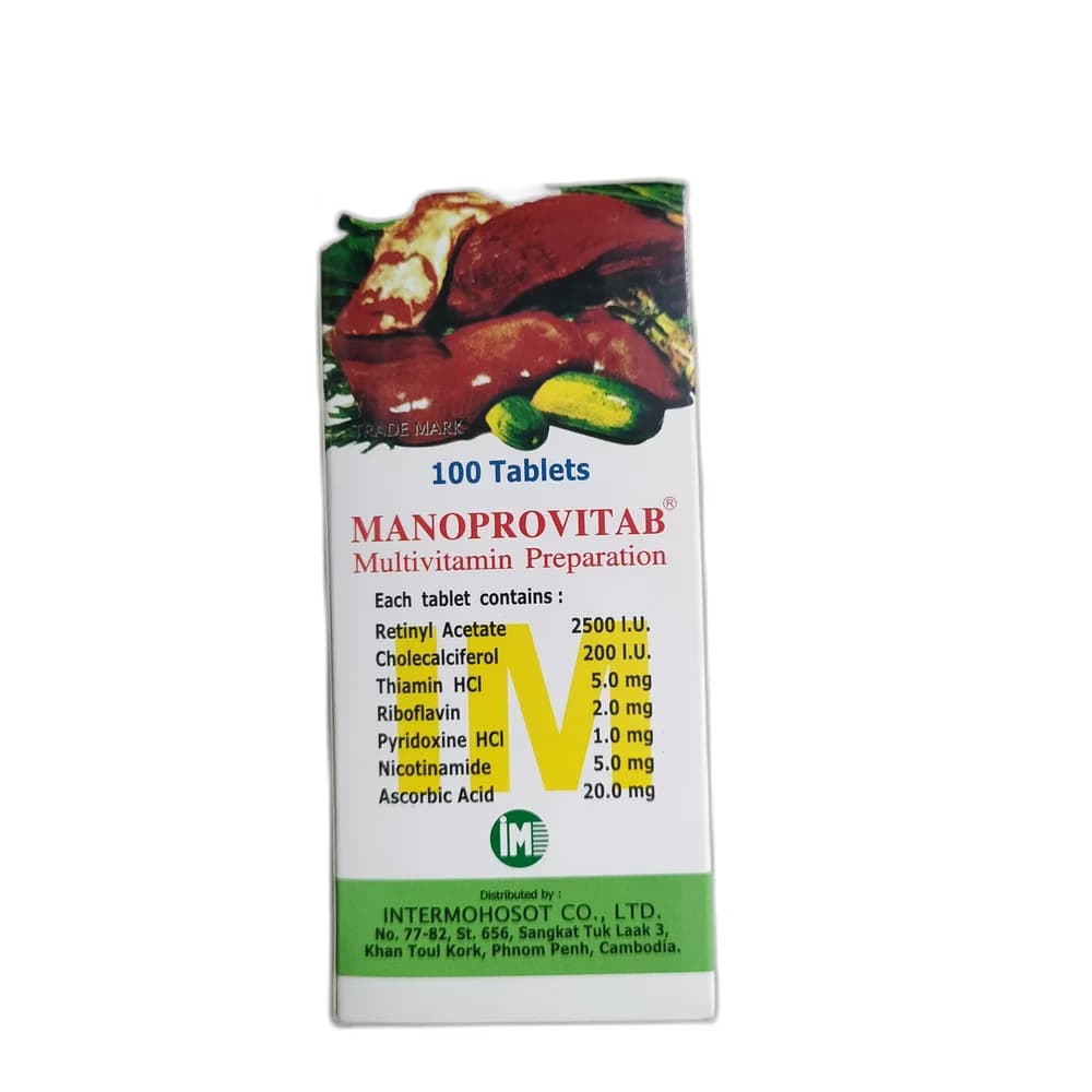 MANOPROVITAB Retinyl Acetate 2500 IU / Cholecalciferol 200 IU / Thiamin HCl 5 mg / Riboflavin 2 mg / Pyridoxine HCl 1 mg / Nicotinamide 5 mg / Ascorbic Acid 20 mg per tablet