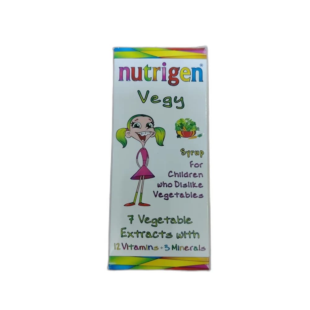 Nutrigen Vegy Per 10 mL: Cabbage extract 80 mg, Artichoke extract 80 mg, Broccoli extract 75 mg, Spinach extract 75 mg, Leeks extract 50 mg, Celery extract 50 mg, Carrot extract 50 mg, plus 12 vitamins and 3 minerals