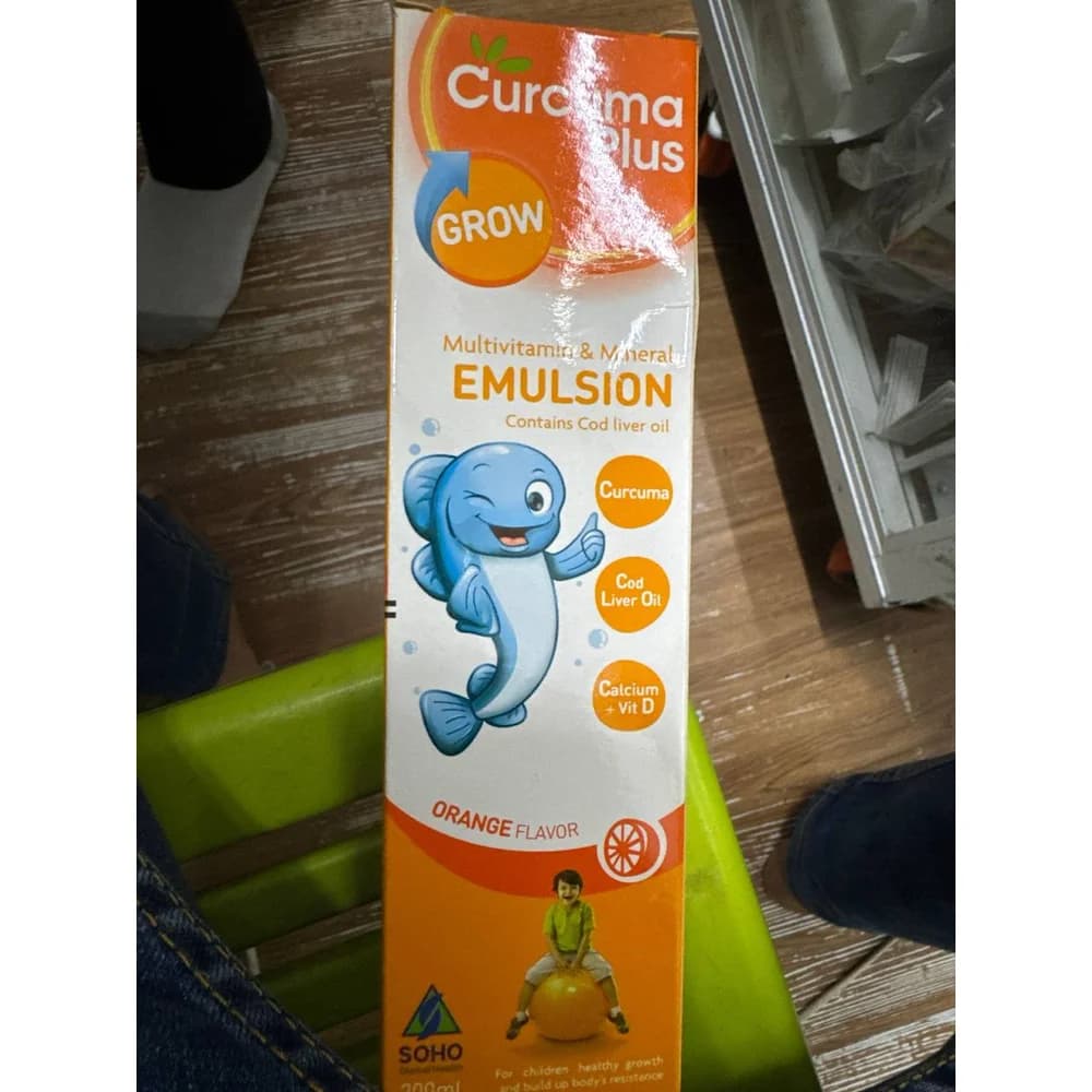 Curcuma Plus Grow Multivitamin and Mineral Emulsion Orange-flavoured multivitamin and mineral emulsion with cod liver oil, curcuma, calcium, and vitamin D, 200 ml