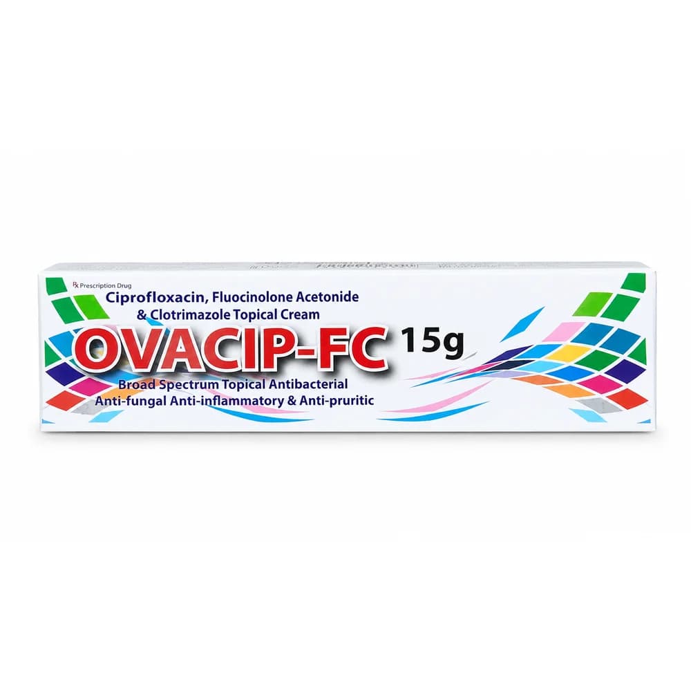 Ovacip-FC Ciprofloxacin hydrochloride equivalent to ciprofloxacin 0.5% w/w, fluocinolone acetonide 0.025% w/w and clotrimazole 1% w/w