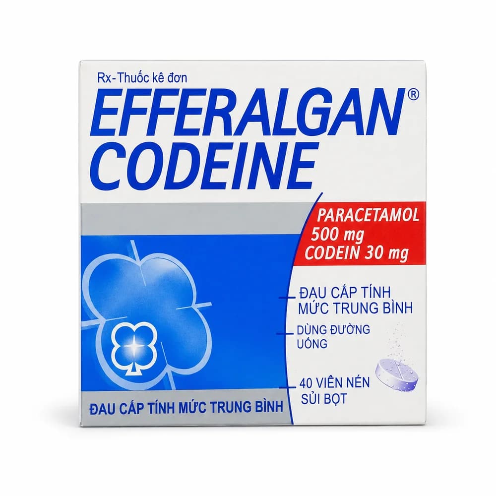 Efferalgan Codeine Paracetamol 500 mg and codeine phosphate 30 mg effervescent tablets, 10 blisters of 4 tablets