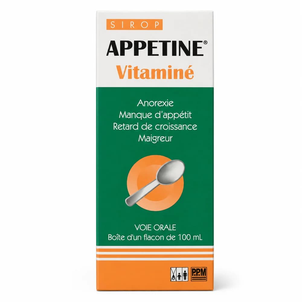 Appetine Vitaminé Syrup Cyproheptadine hydrochloride 2 mg, L-lysine HCl 150 mg, thiamine hydrochloride 5 mg, pyridoxine hydrochloride 5 mg, nicotinamide 10 mg, cyanocobalamin 1.5 mcg, riboflavin sodium phosphate 1 mg per 5 ml