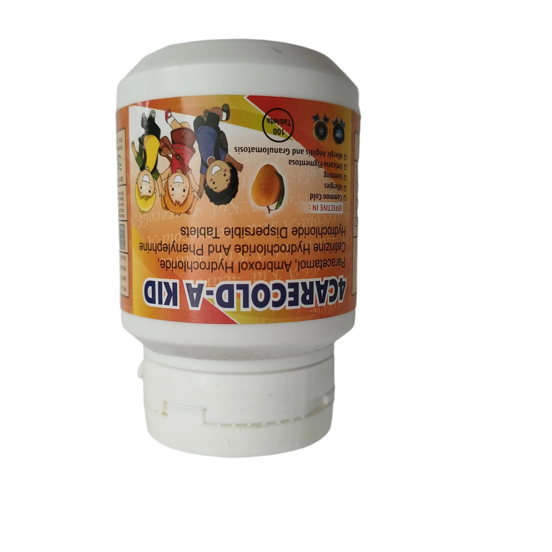 4Carecold-A Kid per tablet: Paracetamol 125mg + Ambroxol HCl 7.5mg + Cetirizine HCl 2.5mg + Phenylephrine HCl 5mg
