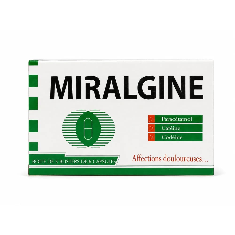 Miralgine Paracetamol 400 mg, caffeine 62.5 mg, and codeine phosphate hemihydrate 20 mg capsules
