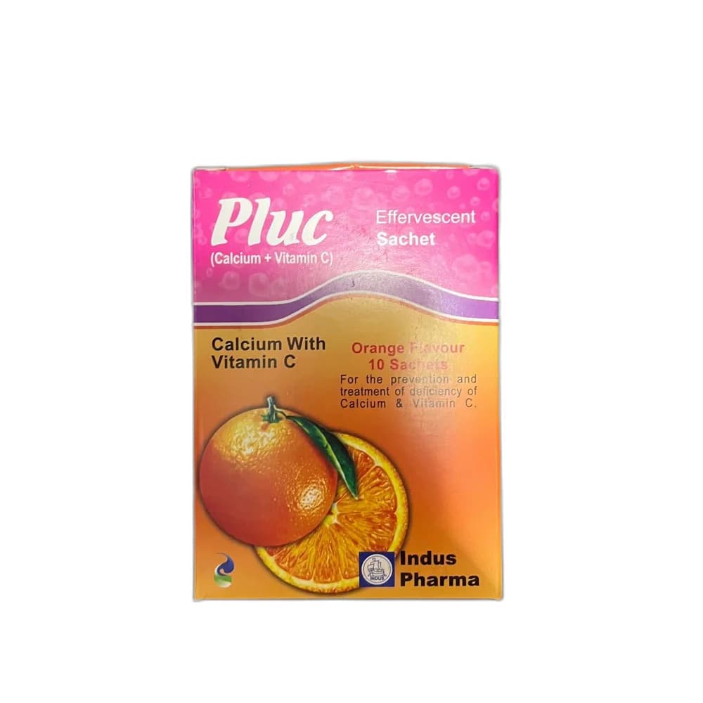 Pluc Each effervescent sachet contains calcium lactate gluconate 1000 mg, calcium carbonate 327 mg, and vitamin C 500 mg