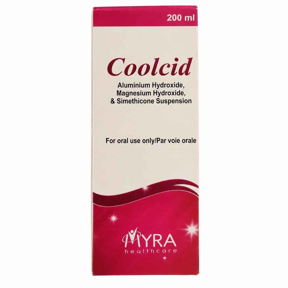 Coolcid Aluminium hydroxide 225 mg + magnesium hydroxide 200 mg + simethicone 50 mg per 5 mL oral suspension