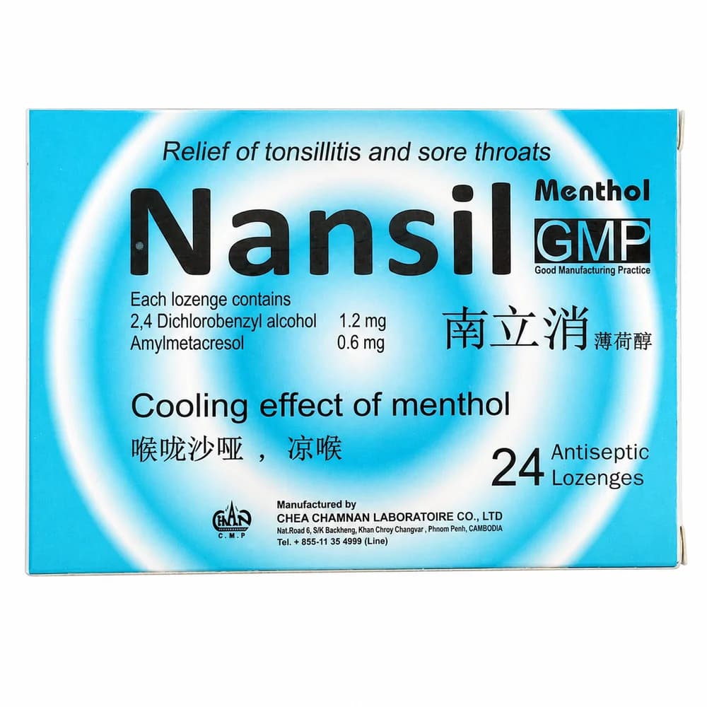 Nansil 2,4-Dichlorobenzyl alcohol 1.2 mg + Amylmetacresol 0.6 mg per menthol lozenge
