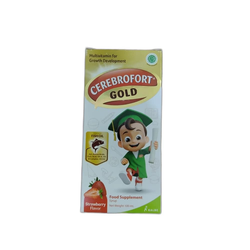 Cerebrofort Gold Per 15 mL serving: Fish oil 15 mg, AA, DHA 50 mg, EPA 10 mg, L-Glutamic acid 2 mg, Folic acid 50 mcg, Biotin 100 mcg, L-Lysine HCl 0.2 mg, Vitamin B1 50 mg, Vitamin B2 1.5 mg, Vitamin B6 1.5 mg, Vitamin A 1300 IU, Vitamin D3 200 IU