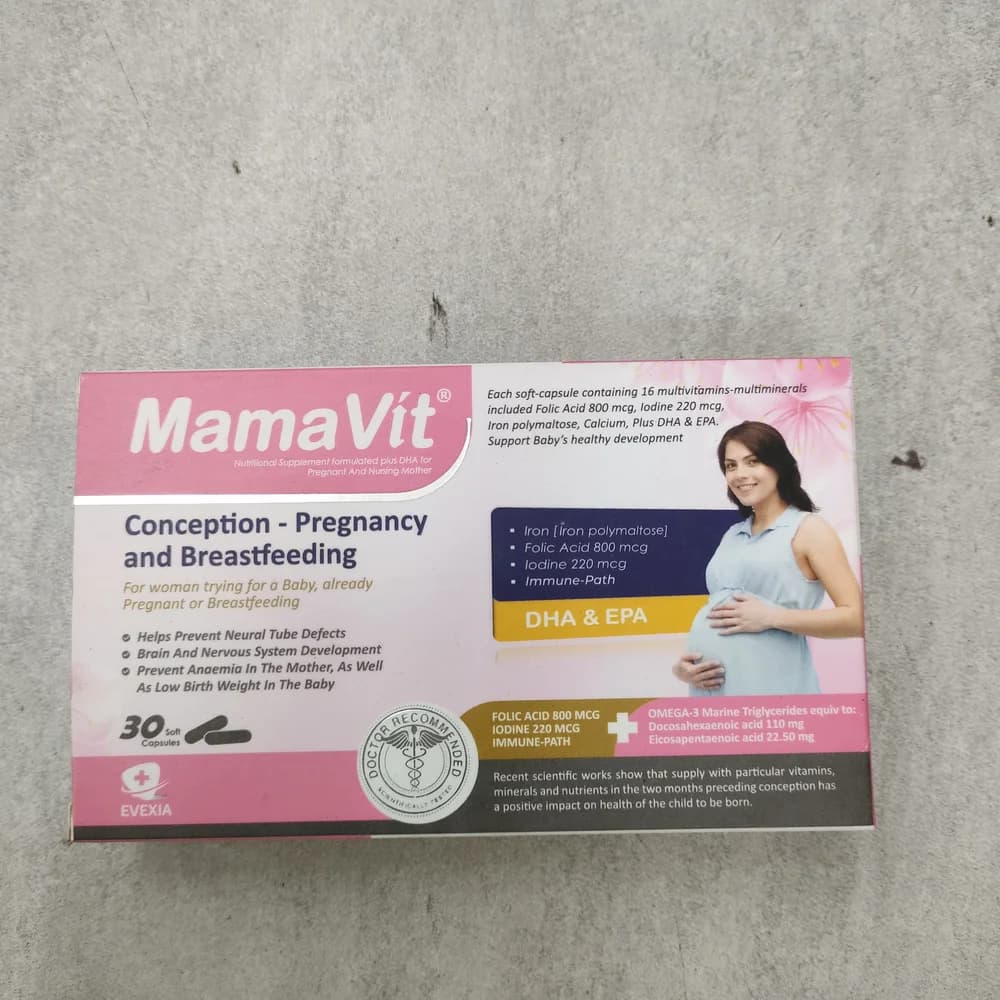 MamaVit 16 multivitamins-multiminerals including Folic Acid 800 mcg, Iodine 220 mcg, Iron polymaltose, Calcium, plus DHA & EPA per soft-capsule