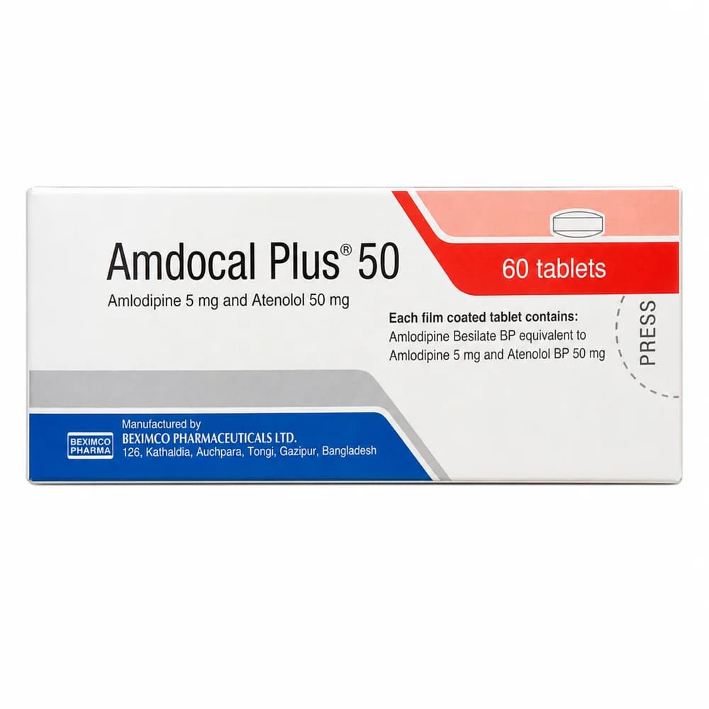 Amdocal Plus Amlodipine 5 mg / Atenolol 50 mg tablets; 60 tablets