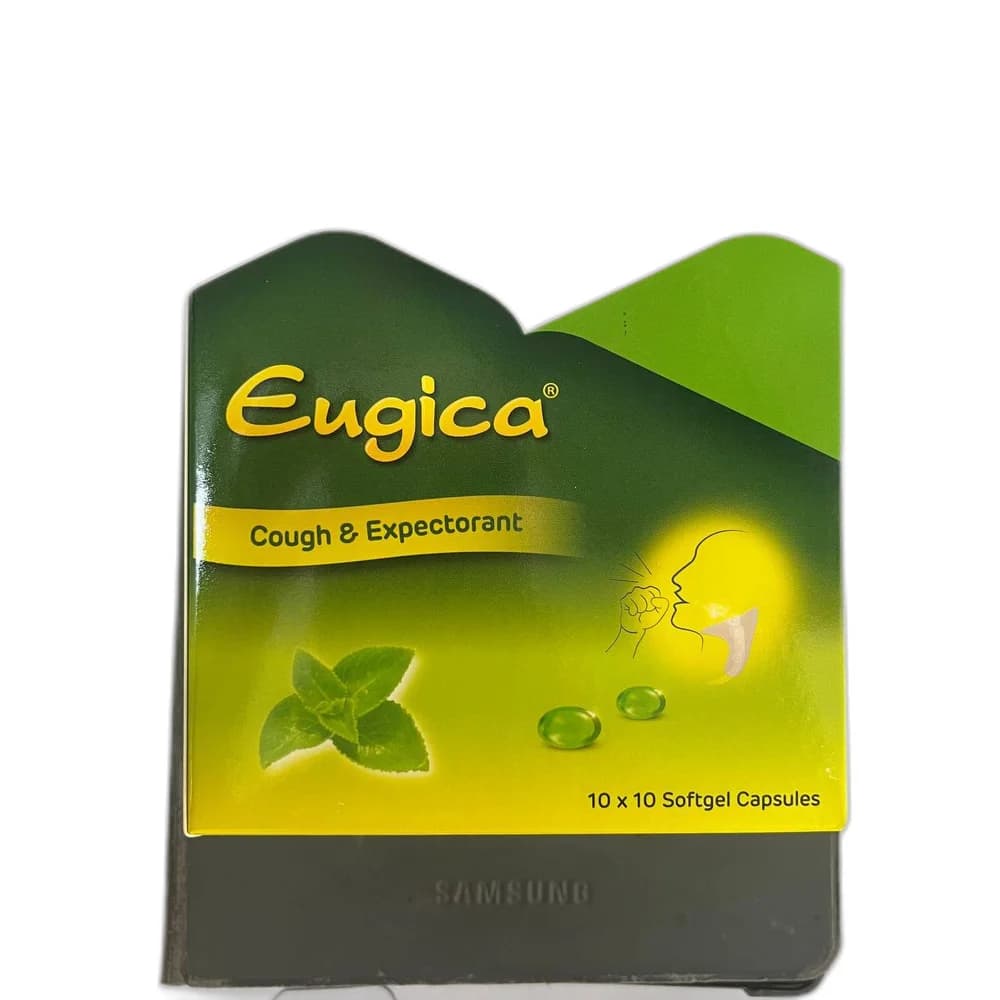 Eugica Eucalyptol 100 mg / ginger essential oil 0.5 mg / menthol 0.5 mg / ash essential oil 0.18 mg per softgel capsule