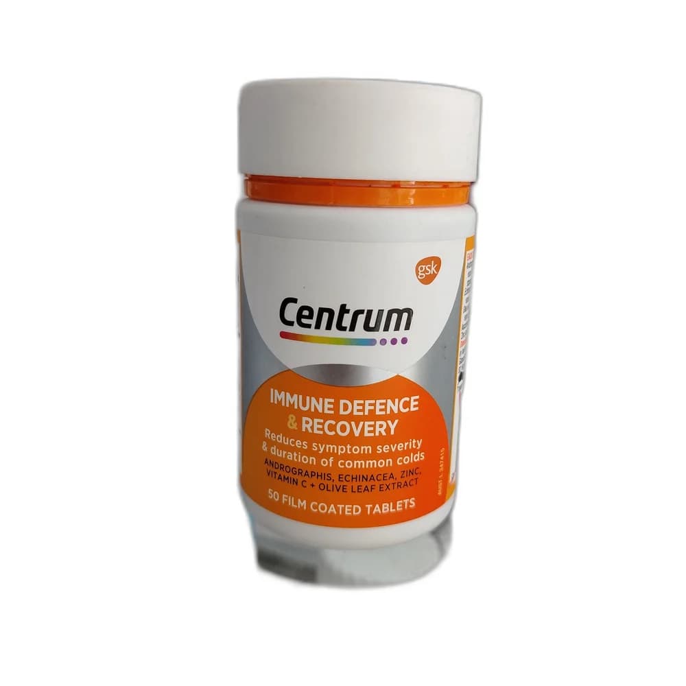 Centrum Immune Defence & Recovery Per tablet: Andrographis paniculata ext. dry conc. stand. 150 mg (equiv. dry leaf 1.95 g, standardised to contain andrographolide 52.5 mg); Echinacea purpurea ext. dry conc. 150 mg (equiv. dry root 750 mg); Olea europaea (olive) ext. dry conc. 150 mg (equiv. dry leaf 750 mg); Ascorbic acid (Vitamin C) 250 mg; Zinc (as zinc amino acid chelate) 5 mg