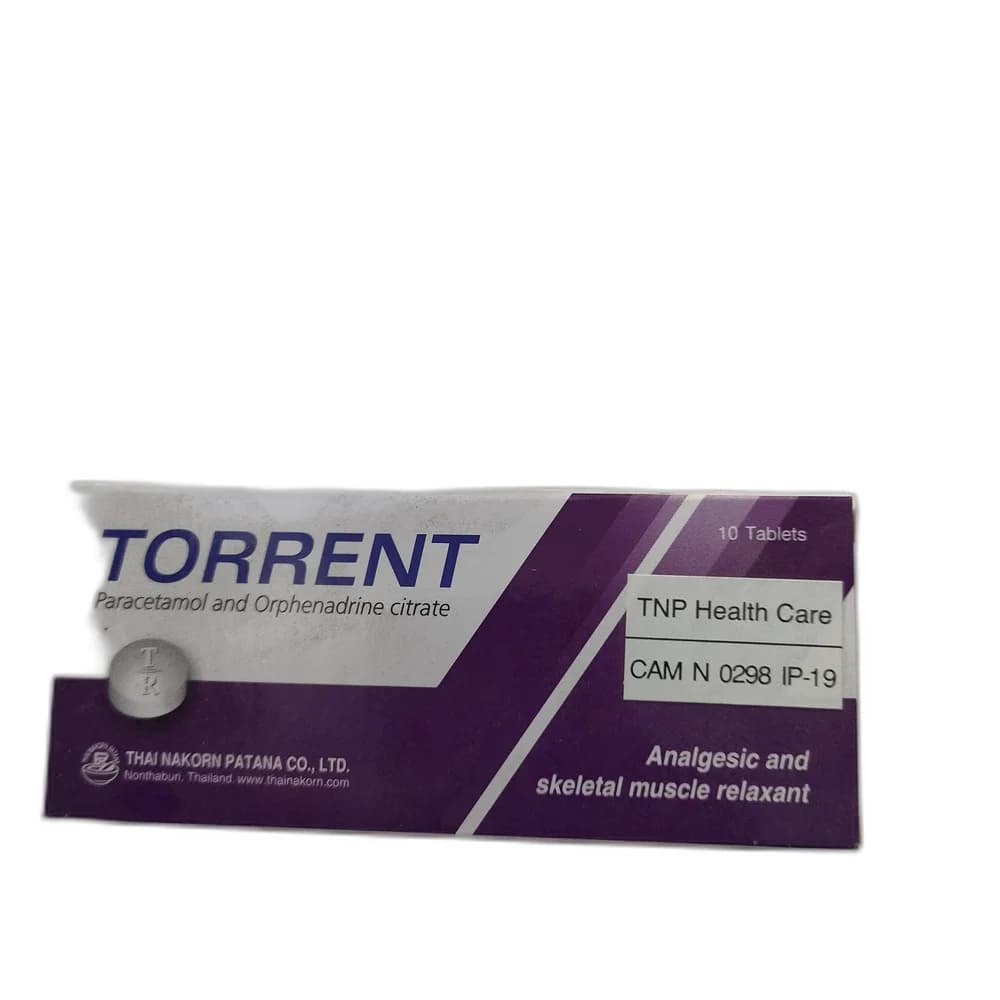 Torrent Paracetamol + Orphenadrine Citrate (strength not visible on package panel; standard formulation: Paracetamol 450 mg + Orphenadrine Citrate 35 mg per tablet)
