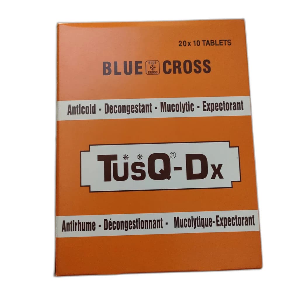 TusQ-Dx Bromhexine HCl 8 mg + Phenylephrine HCl 5 mg + Guaifenesin 100 mg + Chlorpheniramine Maleate 2 mg + Paracetamol 500 mg per tablet