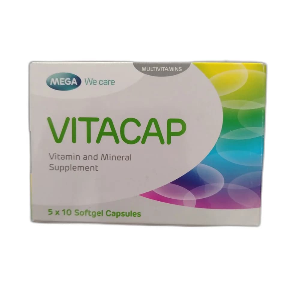 Vitacap Vit A 5000 IU / B1 5 mg / B2 5 mg / B6 2 mg / B12 5 mcg / C 75 mg / D3 400 IU / E 15 mg / Nicotinamide 45 mg / D-Panthenol 5 mg / Folic Acid 1000 mcg / Ferrous Fumarate 50 mg / Dibasic Calcium Phosphate 70 mg / Copper Sulphate 0.1 mg / Manganese Sulphate 0.01 mg / Zinc Sulphate 50 mg / Potassium Iodide 0.025 mg / Magnesium Oxide 0.5 mg